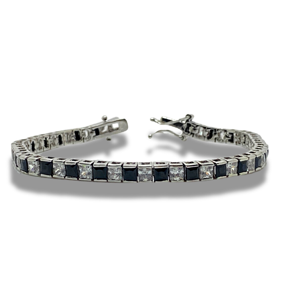 White Gold Finish Created Diamond Black Onyx Princess Cut Bracelet - Free Postag