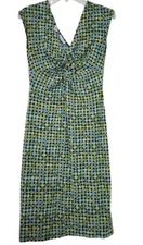 LADY HATHAWAY Green Blue Geometric Design Fit & Flare V Neck Dress Womens Size 4