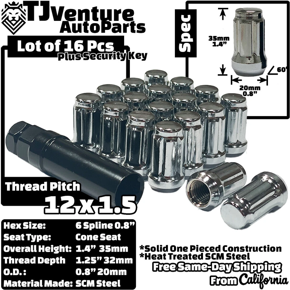16x Cromo 1.4" Alto 12x1.5 Sintonizador Spline Tuerca + Llave Ajuste Toyota Scion Cone Rueda Foto 2 de 4