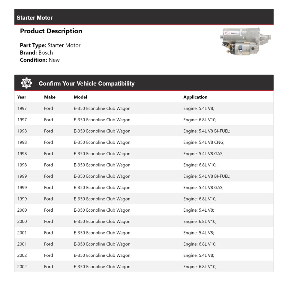 适用于 1997 - 2002 年福特 E-350 Econoline Club Wagon Bosch Starter(全新)1998 1999 2000 — 第 2/4 张图片
