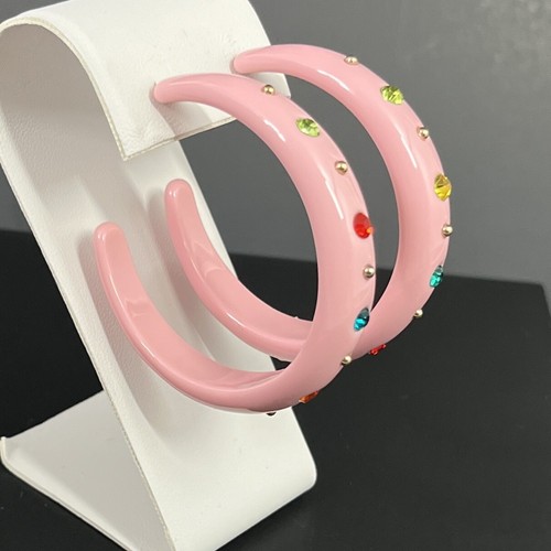 Pink Lucite Hoop Earrings Rhinestone Multicolor Studded Pierced Dangle 2” Big - Picture 5 of 11
