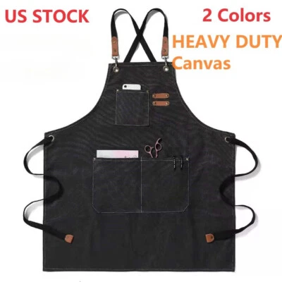 HEAVY DUTY Canvas Kitchen Chef Cooking Apron Cross-Back Adjustable Bib Work BBQ