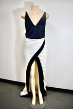 Galvan London White/Navy LONG Silk Evening Dress Size 2 us On Sale