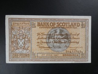 EARLY DESIGN & DATE 1942 BANK OF SCOTLAND £1 BANKNOTE CRISP VF