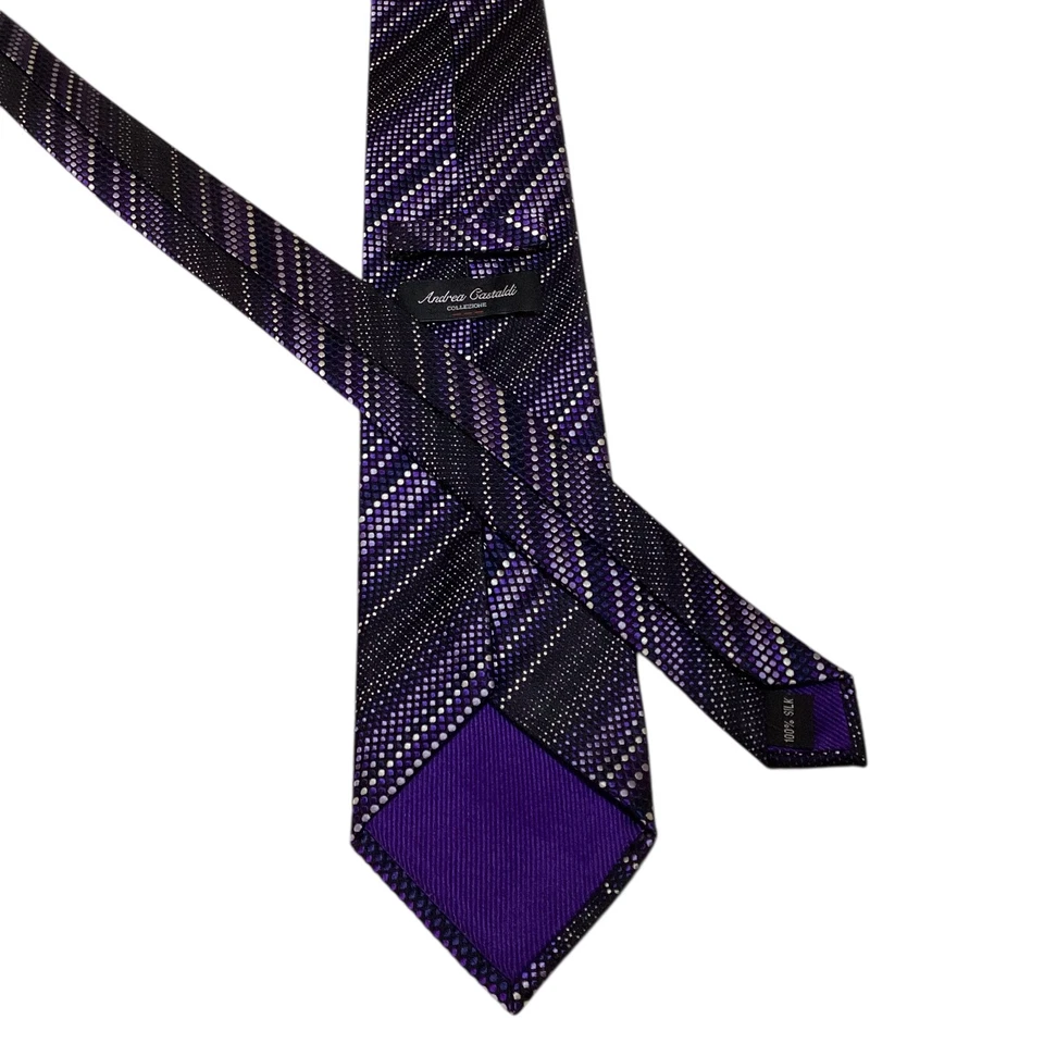 Corbata de diseñador ANDREA CASTALDI de seda XL púrpura/negro para hombre usada en excelente estado rara Foto 3 de 3