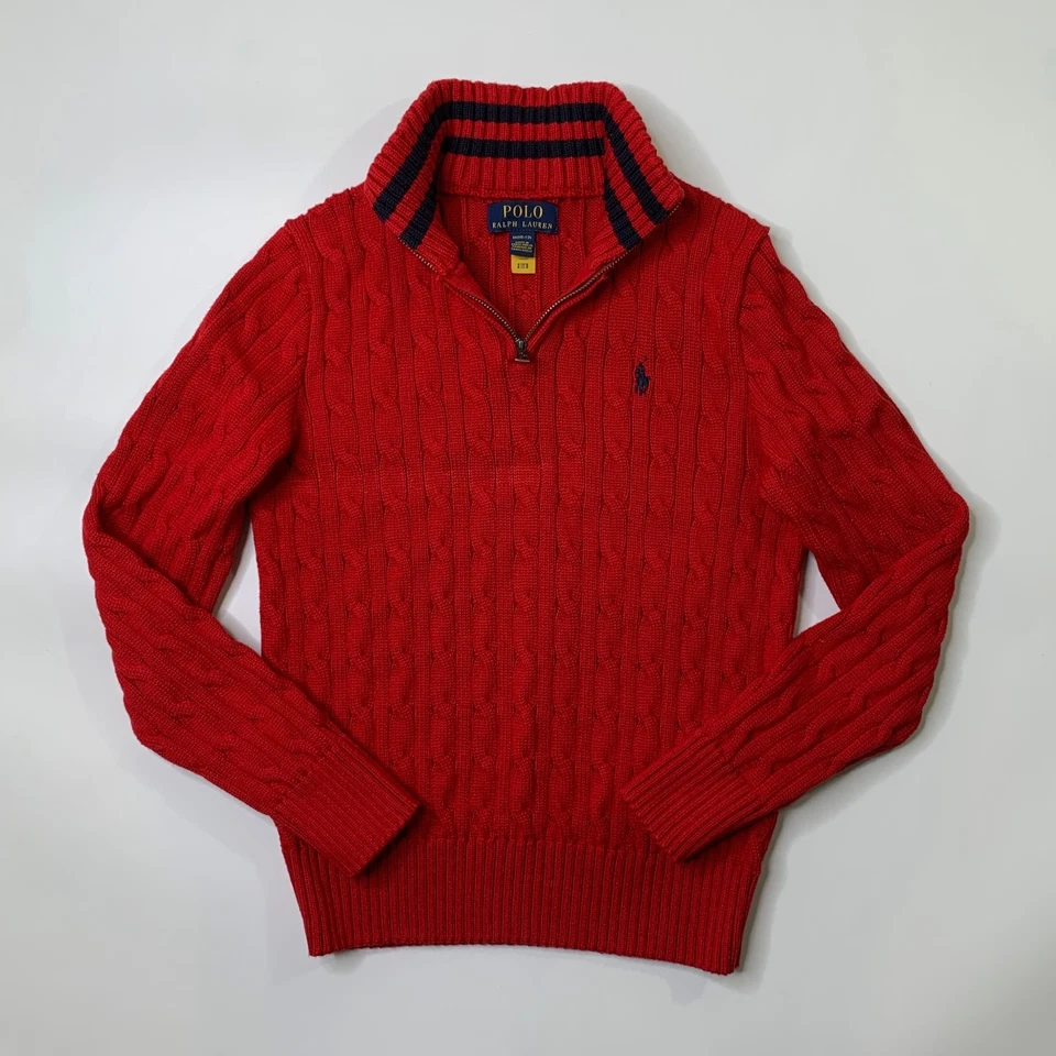 Polo Ralph Lauren Suéter Niños M Mediano Rojo Cuarto Cremallera Cable Tejido Manga Larga Foto 2 de 4