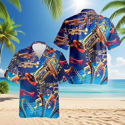 #ad Trumpet Music Notes Aloha Hawaiian Shirt $28.80