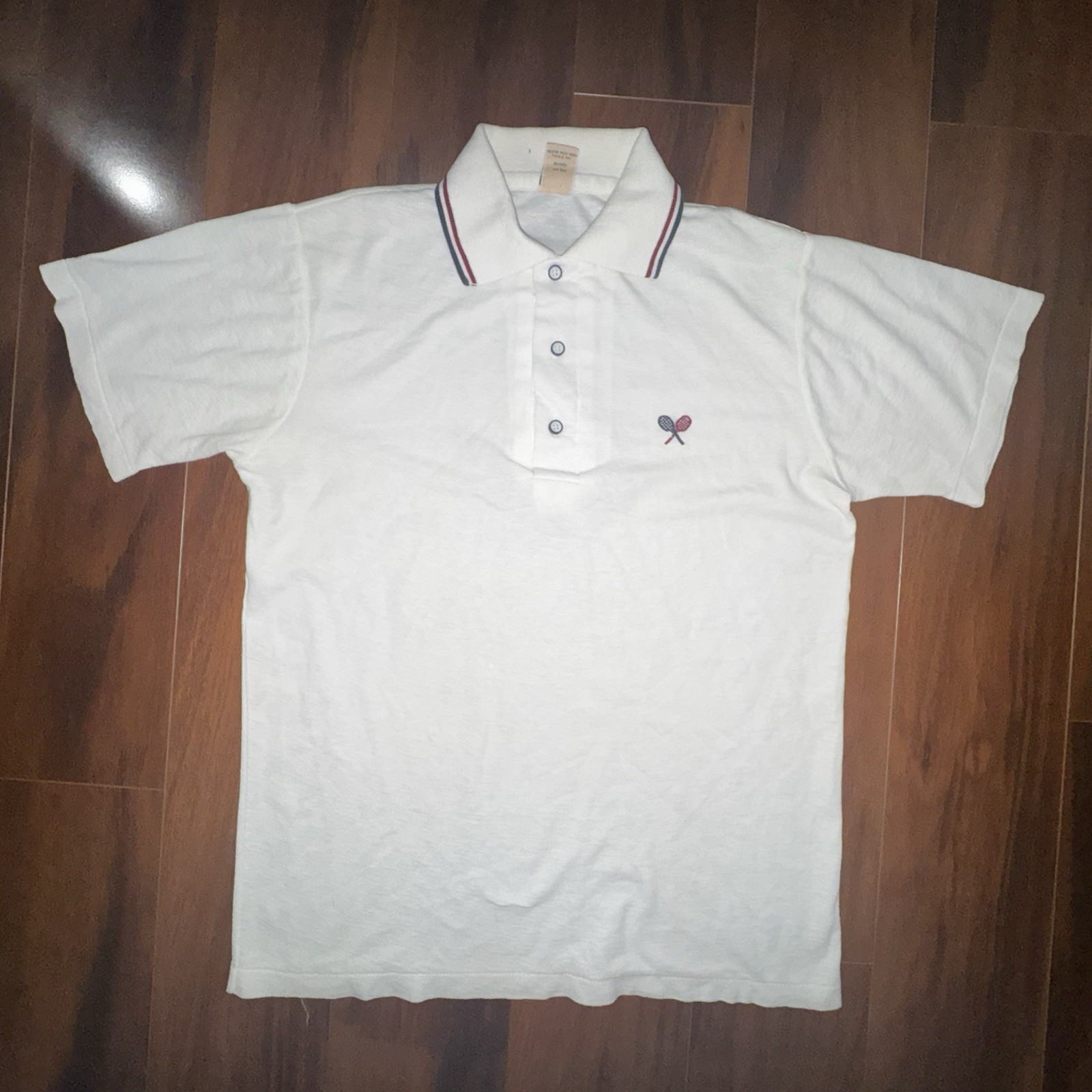 Vintage 70s/80s Sport-Knit Tennis Polo Shirt White Racquets Striped M Mens image 3