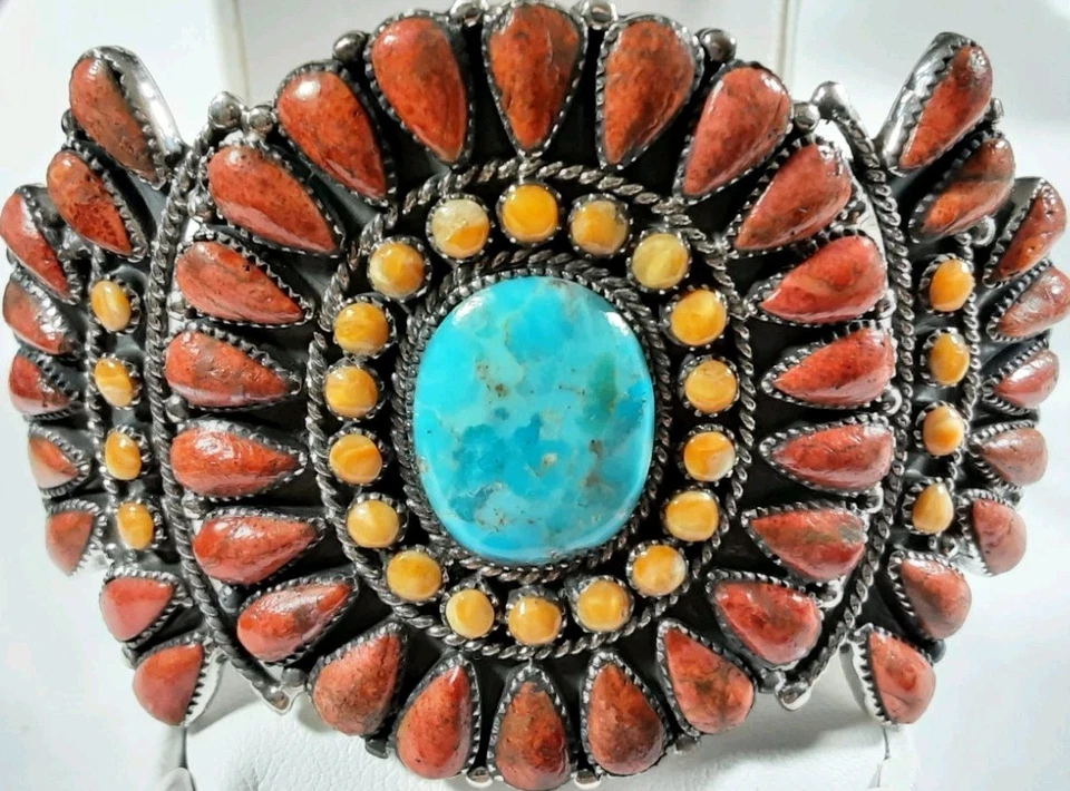 PULSERA 925 ESTERLINA GRANDE 67 PIEDRAS CORAL OSTRA ESPINOSA TURQUESA 5 7/8" 44,1g Foto 2 de 4