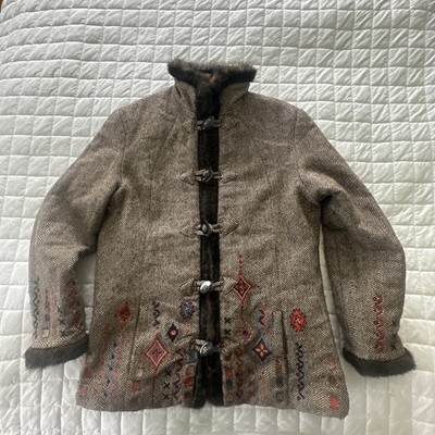 Icelandic Design Jacket Medium Brown Wool Blend Embroidered Herringbone Toggles