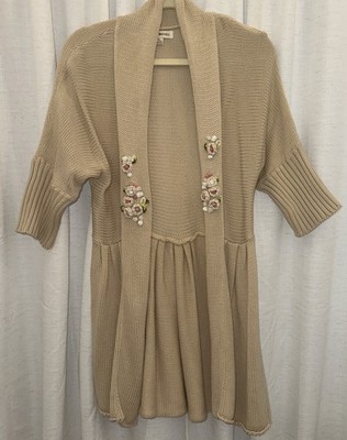 April Cornell XXL Beige Cardigan Floral Knit Detail Elbow Sleeves