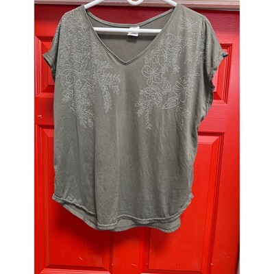 Leslie Rose Olive Green Rhinestone Floral V-Neck Top Plus Size 2X