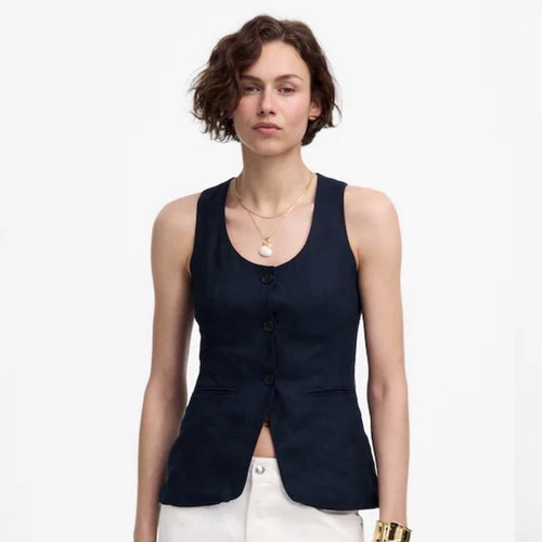 New Madewell Vest Womens 6 Linen Navy Blue Scoopneck Tailored Lined NU929