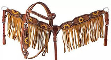 Western Leather Hand Tooled Headstall and Breast Collar Set with Reins