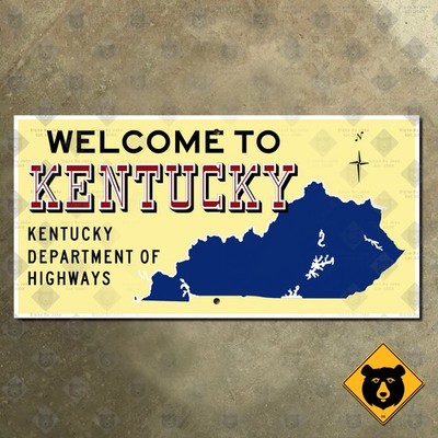 Welcome to Kentucky state line map outline highway marker 1960s road sign 36x18
