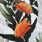 Vintage Wyland AFTCO Bluewater men’s Hawaiian shirt with orange fish rayon and green leaf print on white fabric.