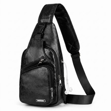 Sling Bag Leather Chest Pack with USB Charging Port Headphone Jack