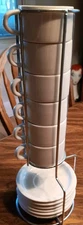 Sweese White Demitasse Espresso 6 Stackable Cups  & Matching Saucers With Rack 