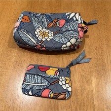 Vera Bradley Floral Fabric Zippered Makeup Bag  Coin Purse Set Gray Multicolor