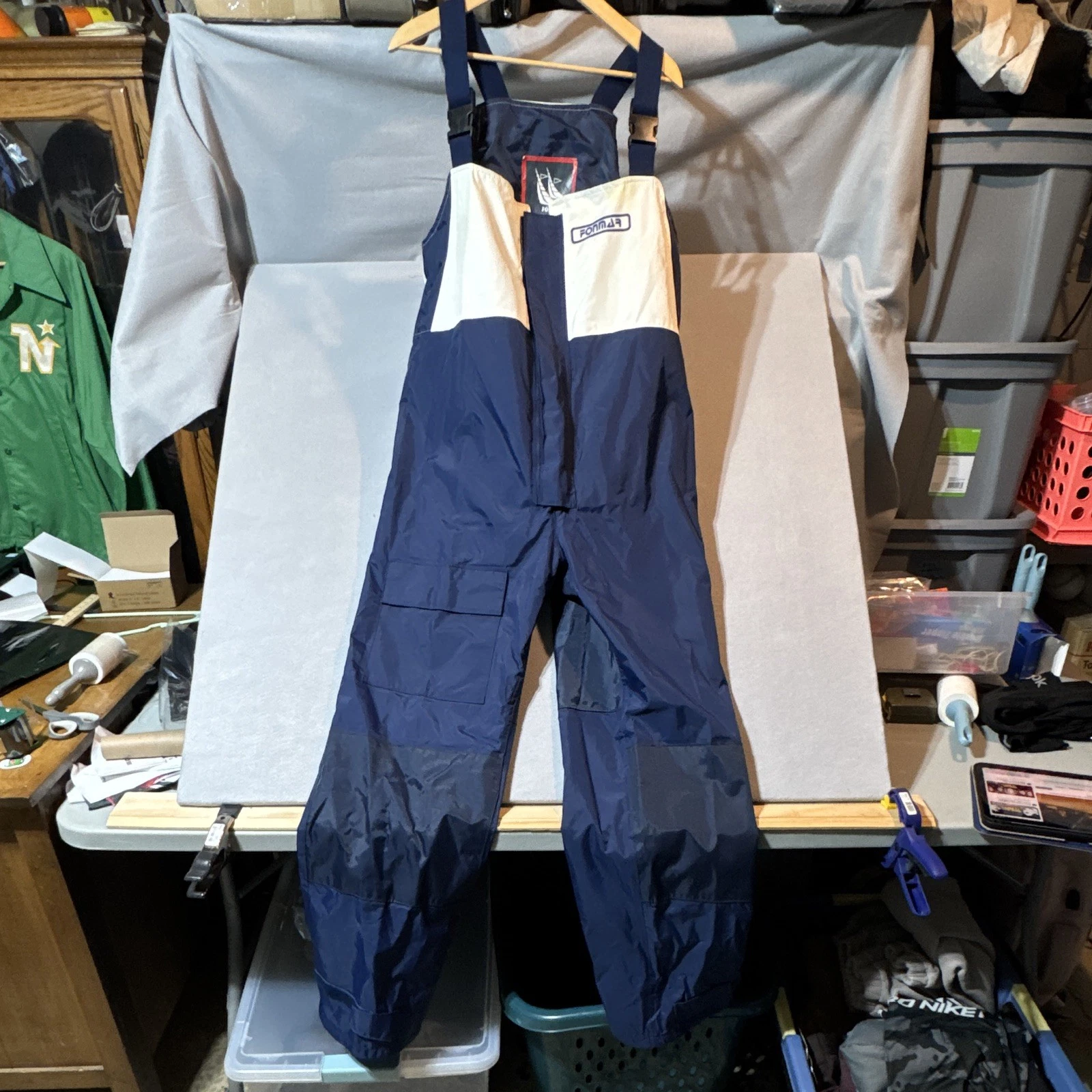 Vintage FONMAR L Navy Blue White Nylon Foul Weather Salopettes Bib Overalls