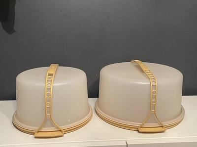 Vintage Tupperware Round Cake Carrier Set Yellow Lid w/ Handles (Set of 2) Retro