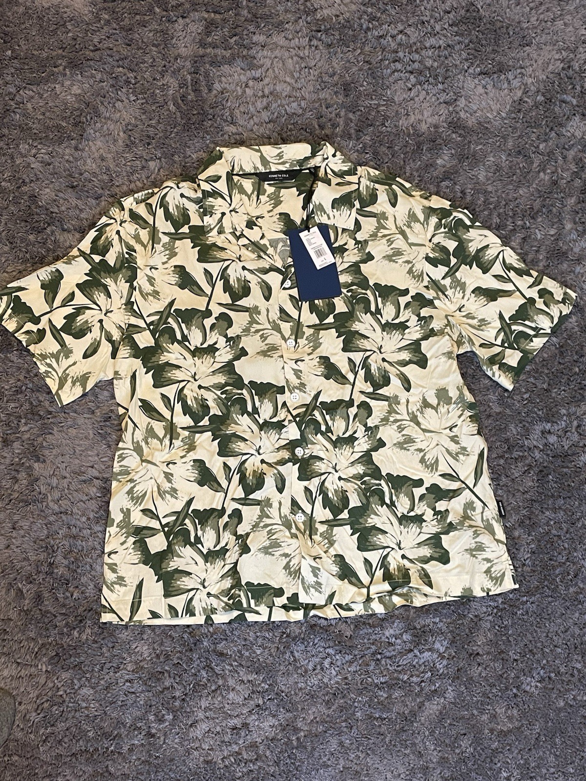 Kenneth Cole Men's Floral Short Sleeve Button-Up Shirt Green Beige Size L