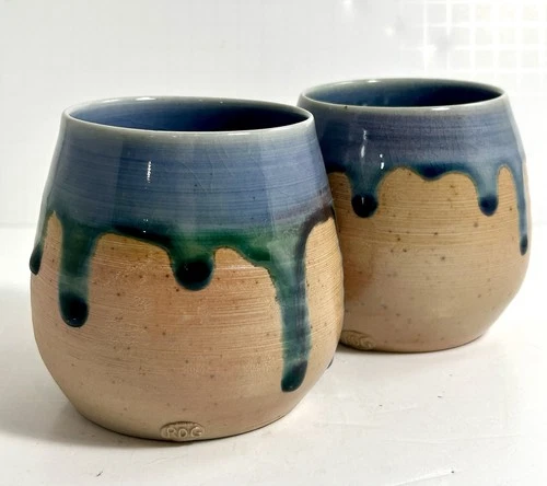 Vtg Pair Studio Pottery 3.75” Stoneware Cups Blue Drip Glaze Blue Green • RDG