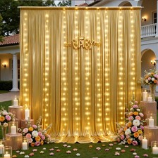 10x10FT Gold Sequin Backdrop Curtain with String Lights 2 Panels of 5x10