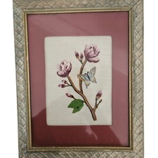 Vintage Framed Embroidered Floral Butterfly Art Textile Needlework read