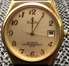 Vintage Elgin Quartz Watch (FC 202-017) & Date- Brown Leather Strap Japan Movt.