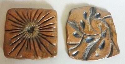 2 Handmade Art Tiles Sun / Olive Branches Clay Painted OOAK Nature Themed FS!
