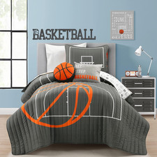 Basketball Game Reversible Quilt Twin Size 4 Piece Set, Charcoal - Kids Bedding