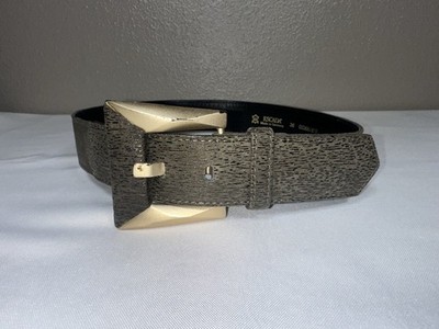 Escada Vtg 80s Green Nubuck Leather Lacquered Geometric Goldtone Buckle Belt  36