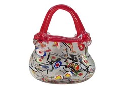 Art Glass Floral Handbag with Red Handles Figurine Vase