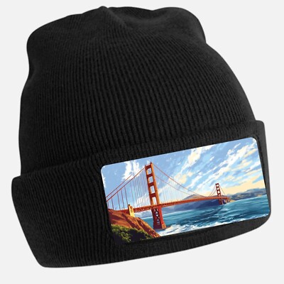 Black Beanie Hat with Cool Golden Gate Bridge Motif - Unisex Cap, Cotton