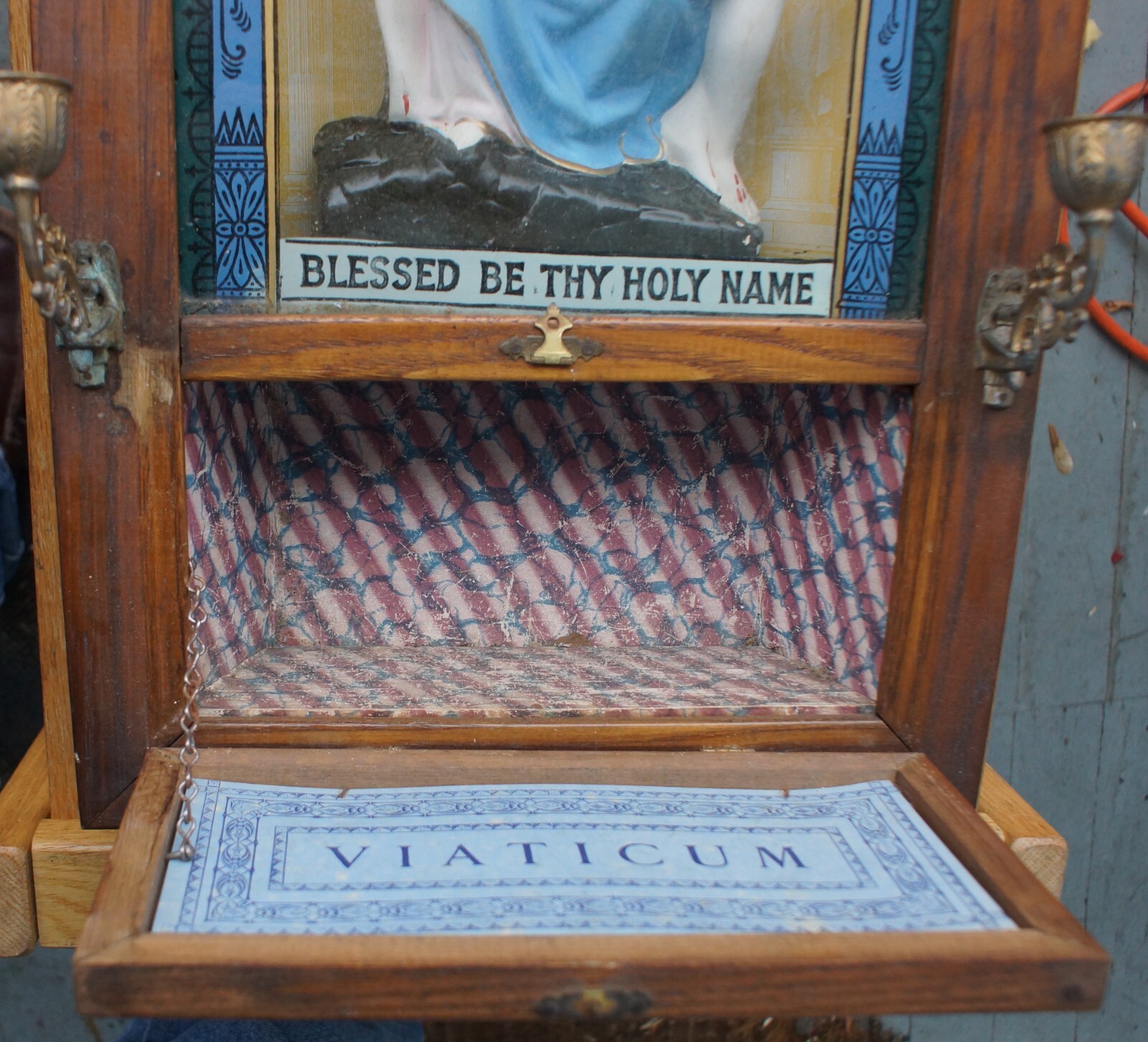 ANTIQUE 1900's CATHOLIC SHADOW BOX LAST RITES ALTER SICK CALL w Candle