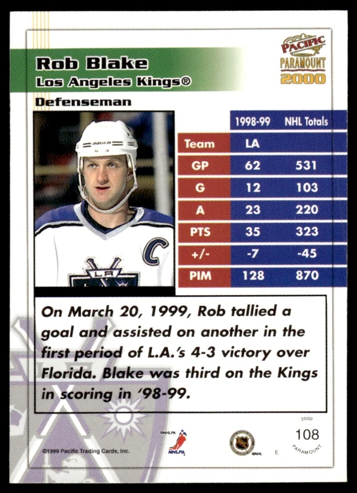 1999-00 PACIFIC PARAMOUNT BLUE /99 Rob Blake Los Angeles Kings #108 - Image 2 of 2