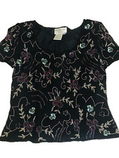 Black Silk Top Medium Blouse Papell Boutique Evening Beaded Sequins Purple Blue