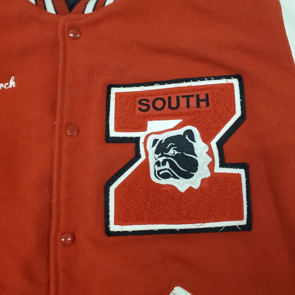 Vintage Red Delong Varsity Jacket Leather Bulldog Wool Snap Button