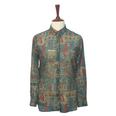 Womens Chiffon Shirt Blue Orange Beige Boho Ethnic Blouse Button Up Top Medium