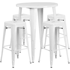 30'' Round White Metal Indoor-Outdoor Restaurant Bar Table Set w/4 Barstools