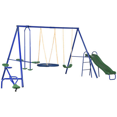 Metal Swing Set for Kids with Double Swings Slide Seesaw Glider