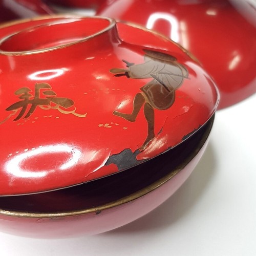 7 Antique Meiji Wooden Lacquerware Bowls Old Wajima Vermilion Gold Makie Figure - Picture 17 of 22