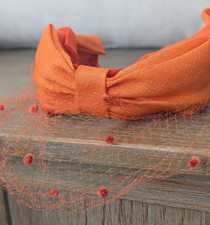 Orange Fabric Fascinator Headband Hat Bow Vintage w/delicate Veil 50's 60's