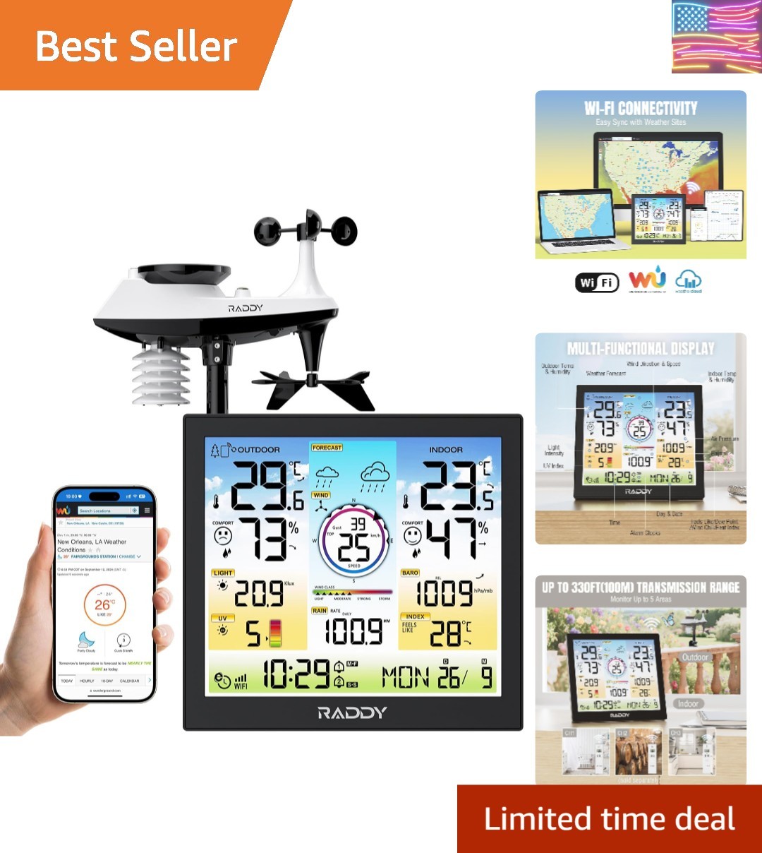Modern Indoor/Outdoor Smart Weather Monitor - Wi-Fi, UV & Light Index Included