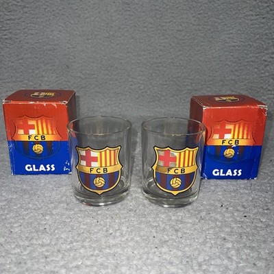 NIB (2) FC Barcelona Shot Glass Clear Barware Collectible Futbol FCB Logo VTG