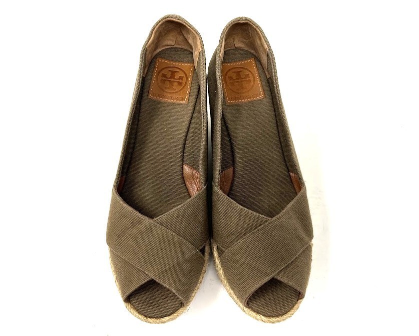 Tory Burch Filipa Criss Cross Espadrille Platform Wedge Olive Canvas Shoes 9 B