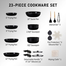 23-Piece Aluminum Cookware Set, Black Non-Stick Pots and Pans Set with Removable
