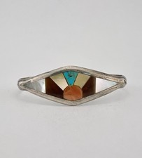 Vtg Zuni Sterling Silver Flush Multi Gemstone Sunrise / Sunset Cuff Bracelet