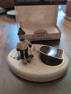 Made In Germany Wooden Salco Skier Tealight Holder Erzgebirge W/ Box
